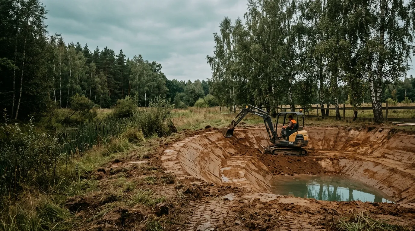 Mini ekskavatorius kasa naują tvenkinį miško aplinkoje, formuojamos gylio zonos
