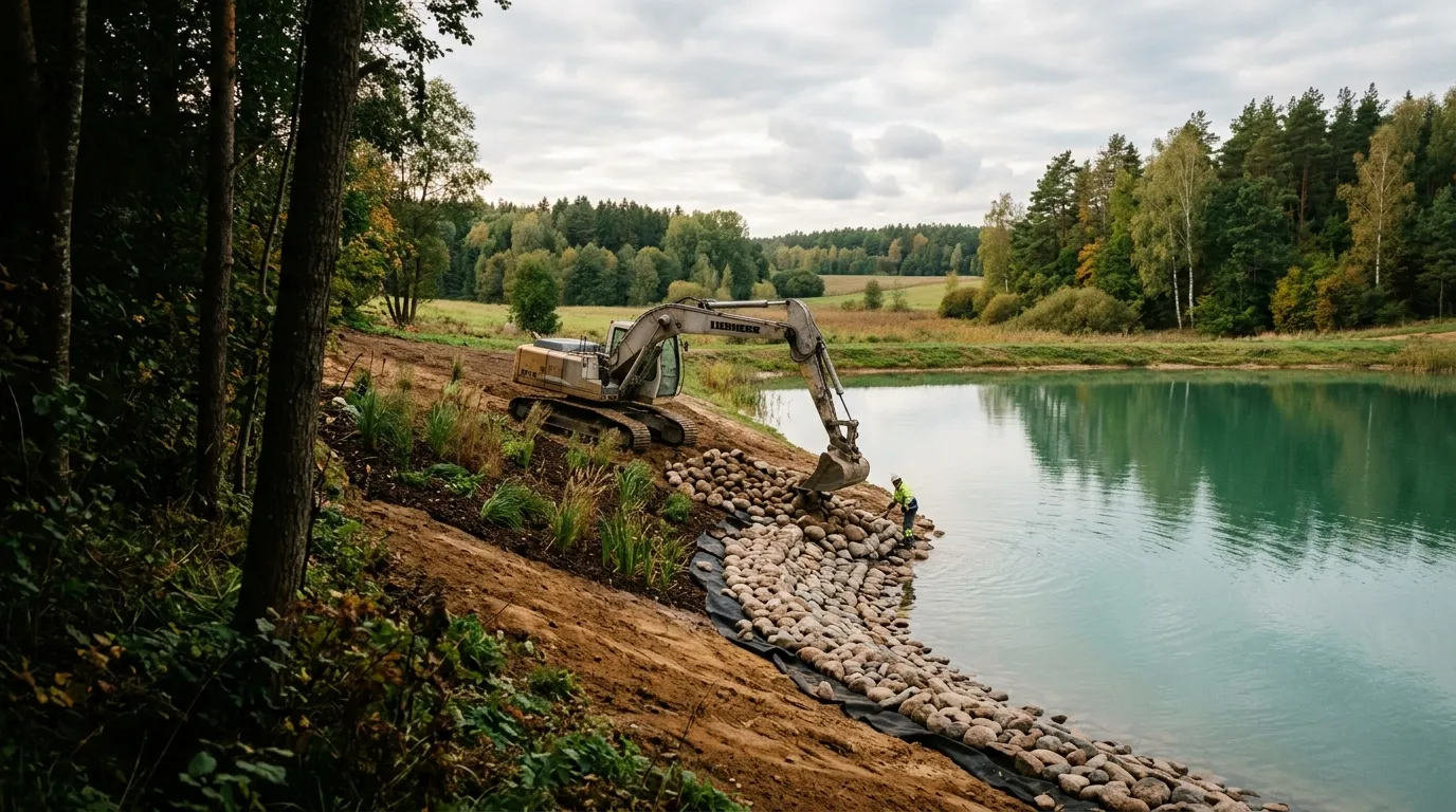 Ekskavatorius tvirtina tvenkinio pakrantę akmenimis ant geotekstilės