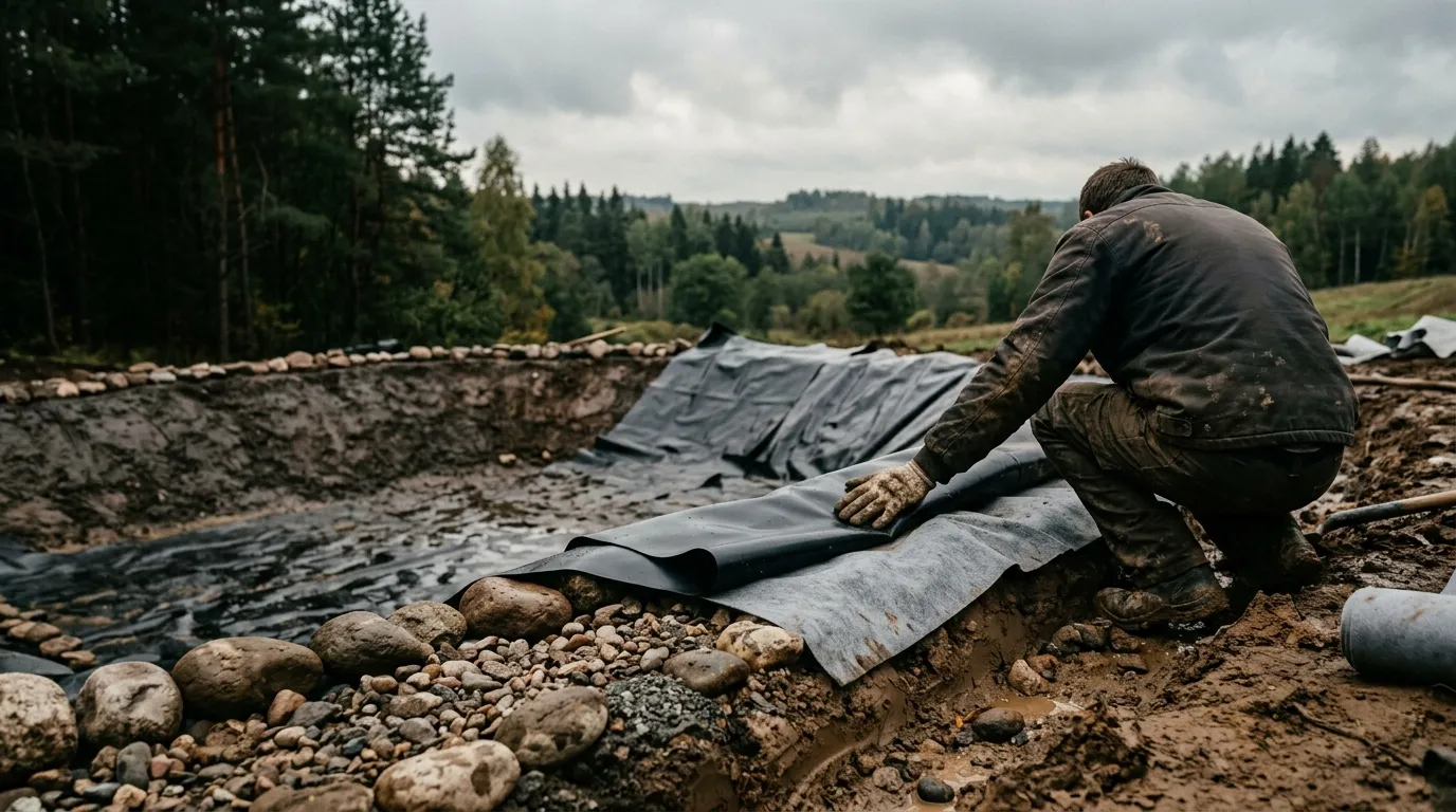 Darbuotojas kloja EPDM foliją ant geotekstilės tvenkinio šlaite