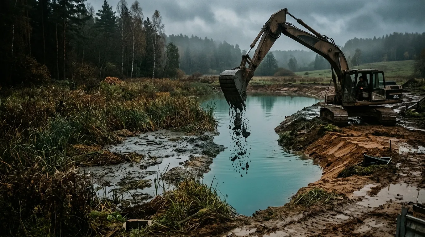 Ekskavatorius kelia dumblą iš seno tvenkinio debesuotą dieną